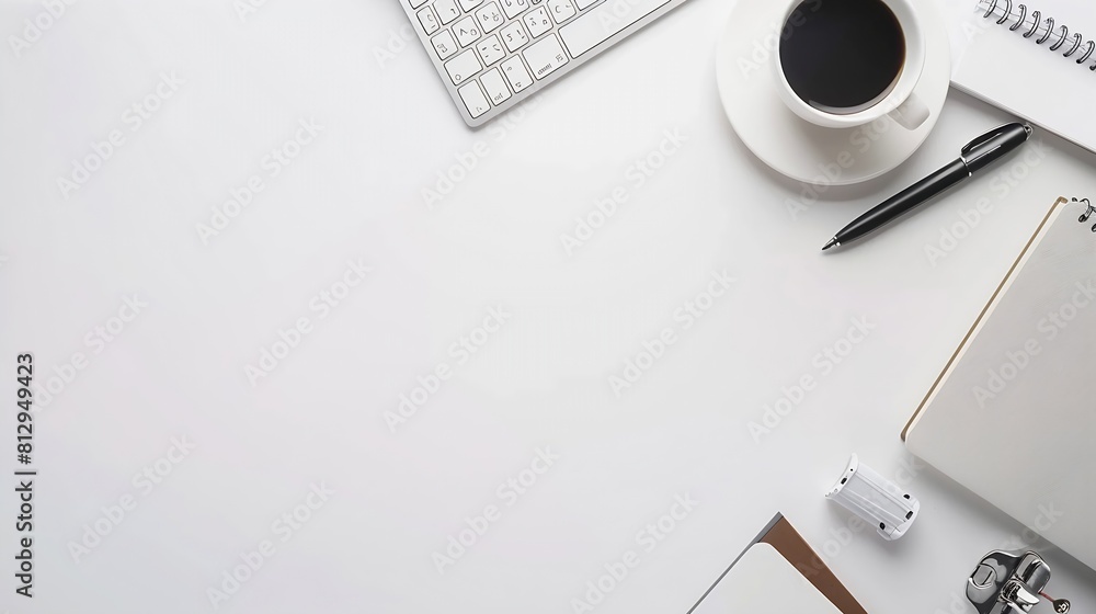 Poster Top view above of White office desk table with keyboard computer notebook and coffee cup with equipment other office supplies Business and finance concept Workplace Flat lay with blank : Generative AI