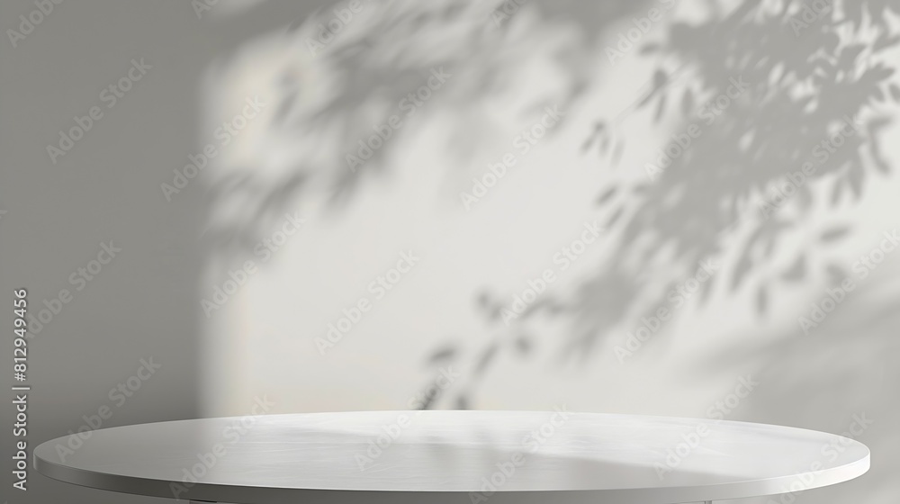 Poster white wall studio backgroundempty grey room background with light leaves shadow on table top surface