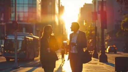 Two people are walking down a city street, one of them holding a cup of coffee. The sun is setting, casting a warm glow over the scene. The atmosphere is relaxed and casual - Powered by Adobe