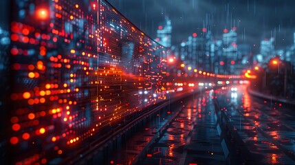 Fototapeta premium Hyperrealistic portrayal of a monitor with urban traffic analytics visualization, focusing on intricate details of vehicle flow and public transport schedules.