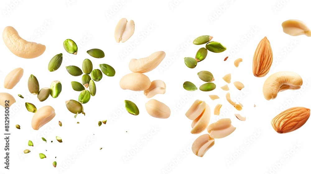 Poster Peeled peanut hazelnut green pumpkin seeds pistachio cashew walnut and almond isolated on white background Nuts flying for vertical layout Package design element with clipping path : Generative AI