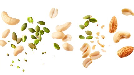 Peeled peanut hazelnut green pumpkin seeds pistachio cashew walnut and almond isolated on white background Nuts flying for vertical layout Package design element with clipping path : Generative AI