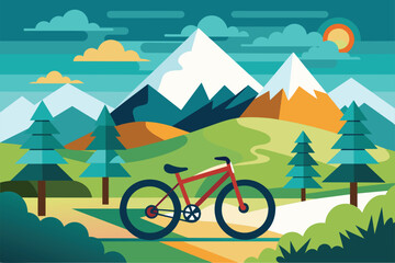 A bicycle is parked in the center of a lush forest surrounded by trees, Mountain biking Customizable Semi Flat Illustration