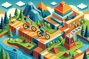 A painting depicting multiple individuals biking across a bridge, Mountain biking Customizable Isometric Illustration