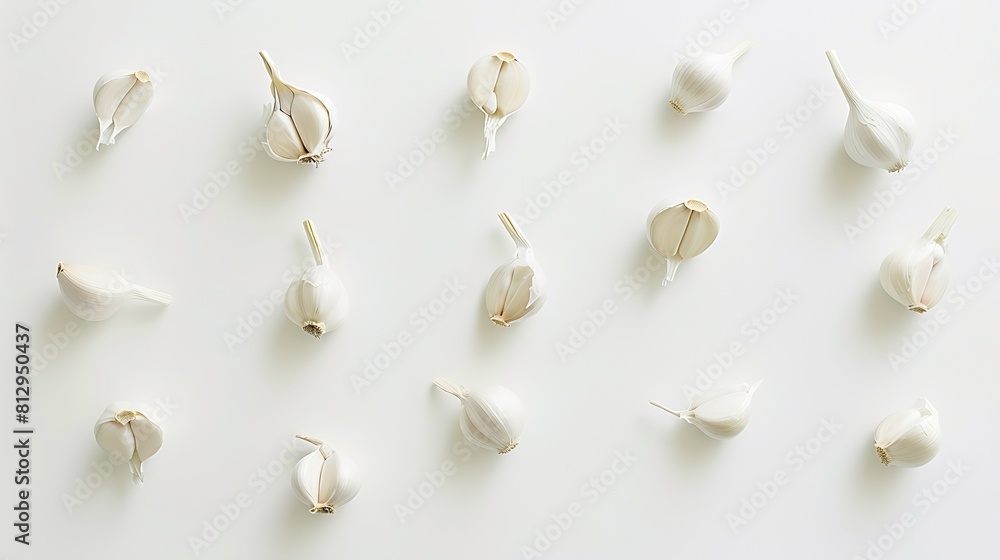Poster creative layout made of garlic on the white background flat lay food concept : generative ai