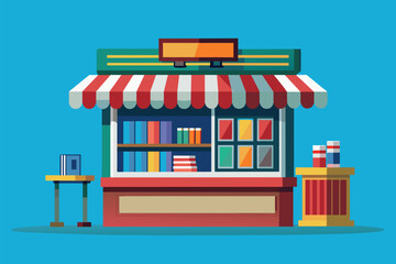 Obraz premium A small store featuring a red and white striped awning in the city, Newsstand Customizable Flat Illustration