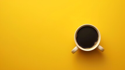 Top view image of coffe cup on wooden yellow background Flat lay Copy space : Generative AI - Powered by Adobe