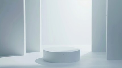 Fototapeta premium Podium geometric shape white on a white background Winter scene showcase with snow for product presentation Minimalistic light pedestal for cosmetic Copy space : Generative AI