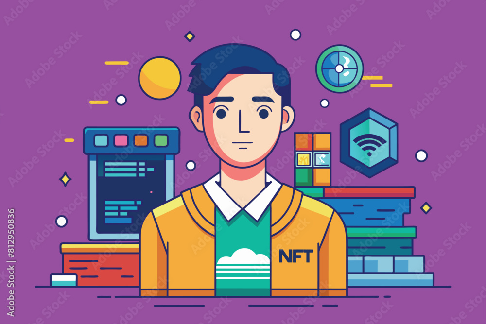 Poster a man sits in front of a stack of books, surrounded by knowledge and learning materials, nft customi