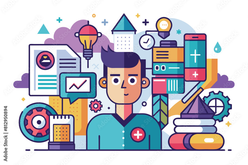 Poster a man standing amidst a collection of assorted items in a cluttered space, no data customizable disp