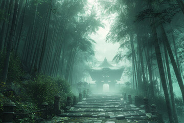 A misty bamboo forest path leading to a serene temple shrouded in mist.