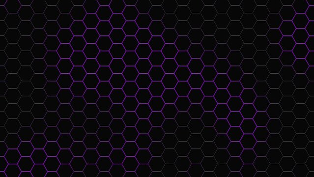 Abstract black honeycomb hexagon grid background with purple glowing color animation, concept, ideas, 4k, loopable element