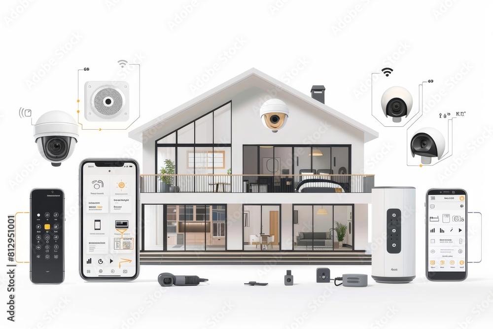 Poster integrated security control panels with extensive wireless cameras and voice-operated alarms enhance