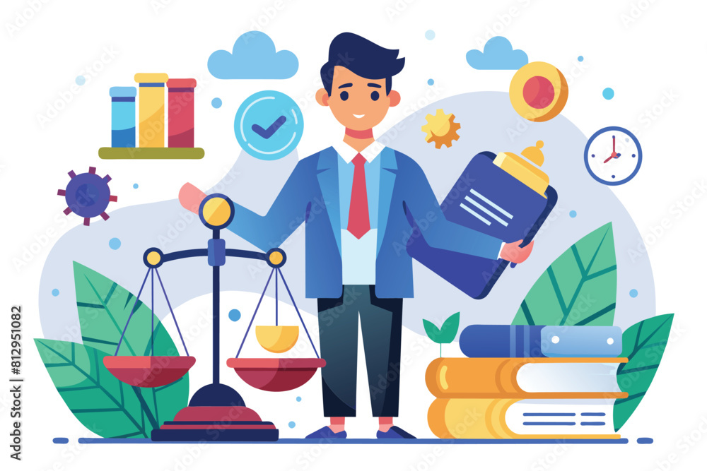 Poster a man standing and holding a book while balancing a scale with books on it, obligations customizable