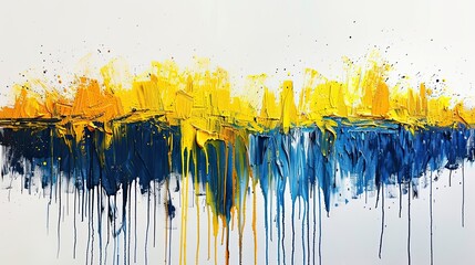 blue and yellow paint splashes on a white background. Minimalistic image of Ukrainian flag, bright...