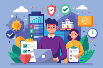 A man and a woman are standing side by side in front of a laptop, engaged in a discussion or collaboration, Obligations Customizable Flat Illustration