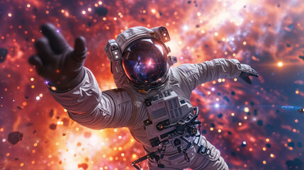 Astronaut in space. An astronaut floating in weightlessness, facing the viewer with an outstretched arm. The helmet's visor reflects stars, comets, planets, satellite. © Colorful Lemon