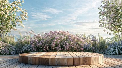 A minimalist wooden podium set in a serene garden symbolizes ecological well-being. The background...