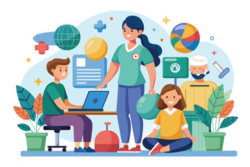 Several individuals gathered around a table, engaging with a laptop, Occupational therapy Customizable Flat Illustration