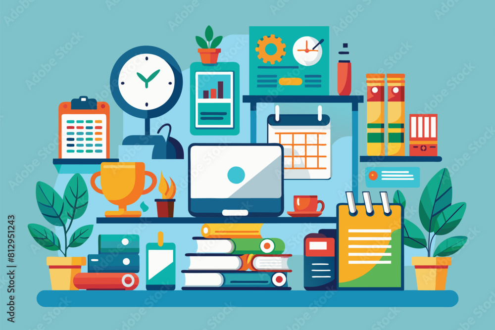 Poster a desktop computer placed on top of a desk in an office setting, office management customizable semi