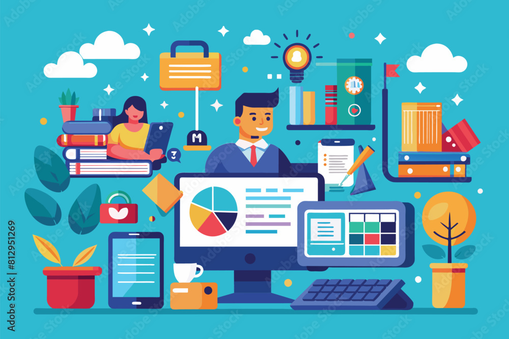 Poster man sitting at a desk, typing on a computer surrounded by books and various office items, office wor