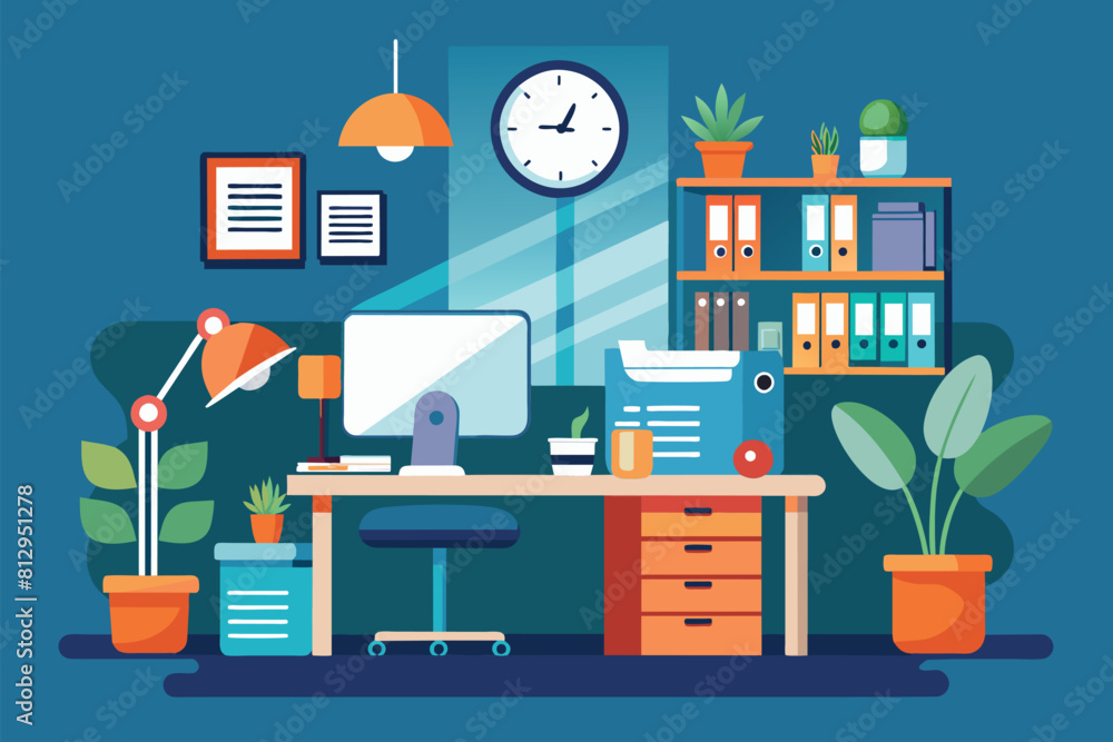 Aufkleber a desk featuring a computer and a clock, typical of an office work setting, office work customizable