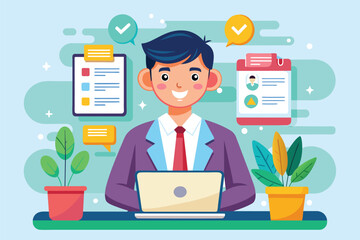A man sitting in front of a laptop computer, engaged in online consulting, Online consulting Customizable Cartoon Illustration