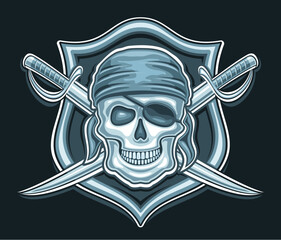 Fototapeta premium Vector logo for Pirate Skull, decorative poster with illustration of wicked smiling pirate skull in blue bandana and crossed sword for esport team, mascot for children pirate party on black background