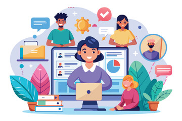 A woman is seated in front of a computer, surrounded by a group of people in an online consulting session, Online consulting Customizable Flat Illustration