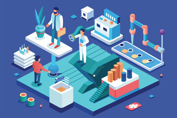 A group of individuals standing around and examining a machine in a busy industrial setting, Orthopedic Customizable Isometric Illustration