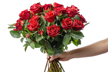 Red roses bouquet in hand on isolated transparent background