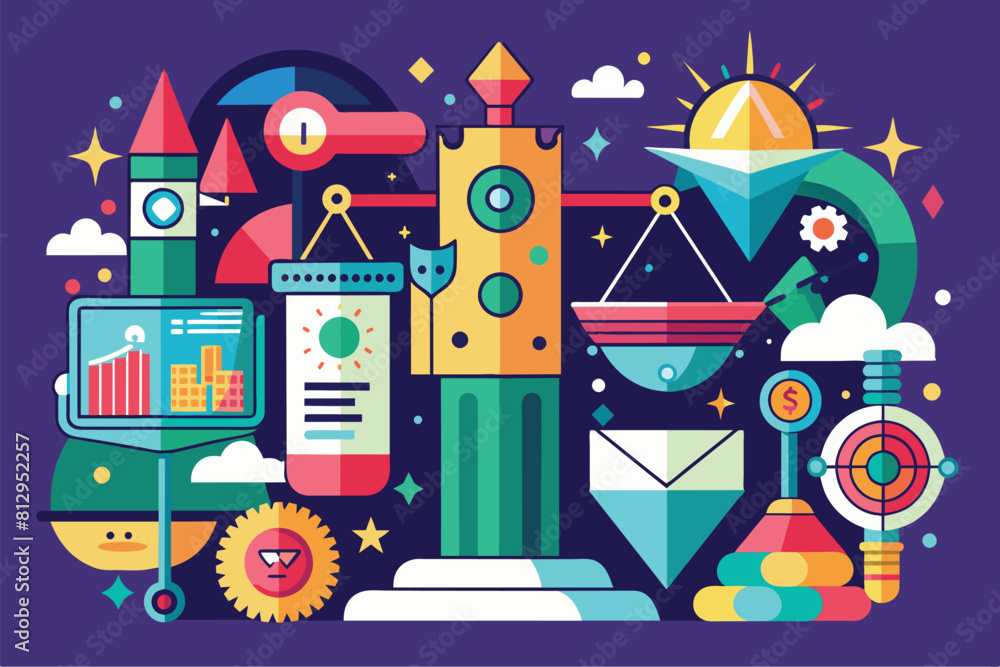 Poster colorful illustration showcasing a variety of objects in a dynamic composition, oversight customizab