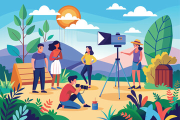 A group of individuals gathered around a camera in an outdoor photoshoot setting, Outdoor photoshoot Customizable Flat Illustration