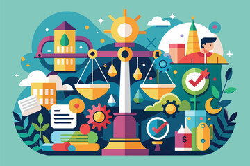 A flat design illustration of a scale with multiple items balanced on top, showcasing a variety of objects, Oversight Customizable Disproportionate Illustration