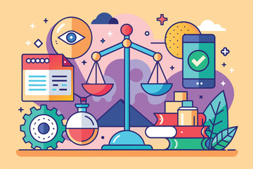 A legal scale with the scale of justice balanced on top of it, symbolizing equality and fairness in the law system, Oversight Customizable Flat Illustration