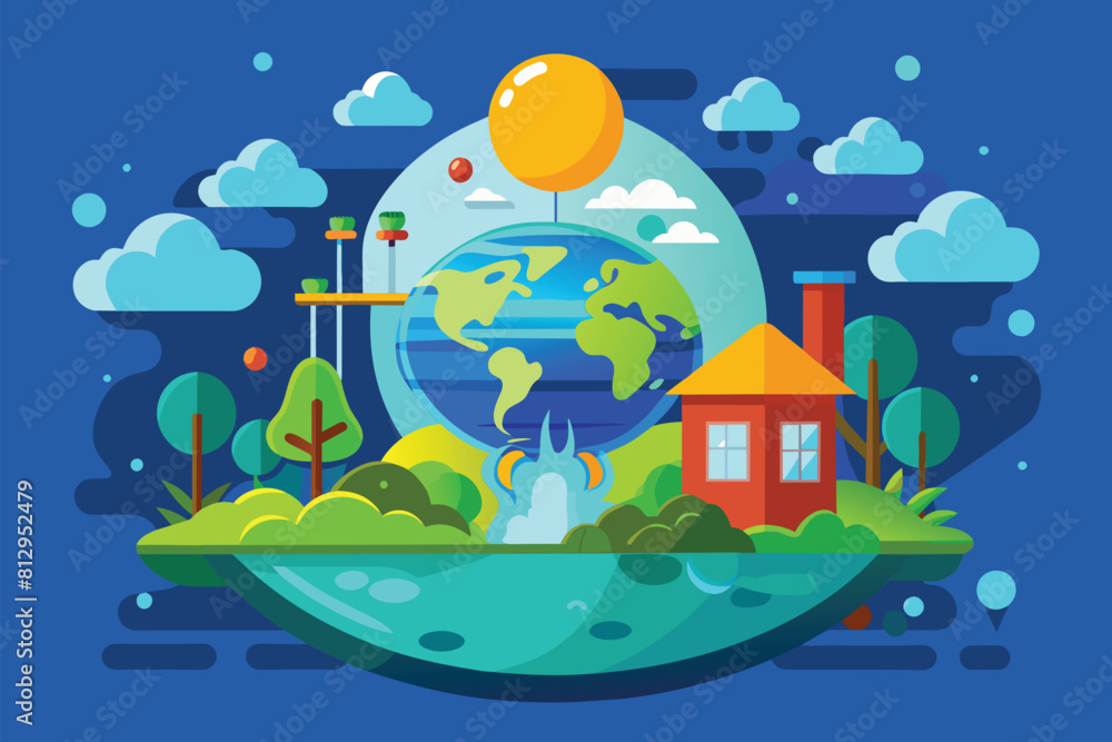 Poster a globe showcasing a house and trees on its surface, ozone layer depletion customizable flat illustr