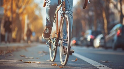 Naklejka premium Young man riding a bicycle in the city at sunset, toned, Copy space.