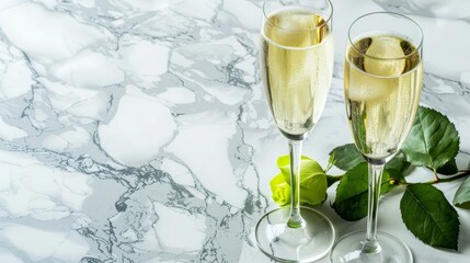 2 glasses of champagne and a green rose under them, romantic atmosphere. A banner with a place for the text.