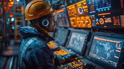 Hyperrealistic view of a mining operations monitor displaying detailed underground maps and equipment statuses, with vibrant graphics and live updates.