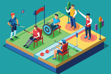 A group of people playing golf on a course, hitting golf balls with clubs on a sunny day, Paralympic archery Customizable Isometric Illustration