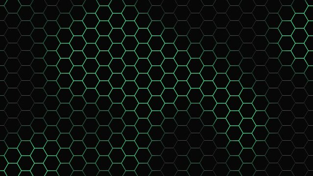 Abstract black honeycomb hexagon grid background with green glowing color animation, concept, ideas, 4k, seamless loopable element