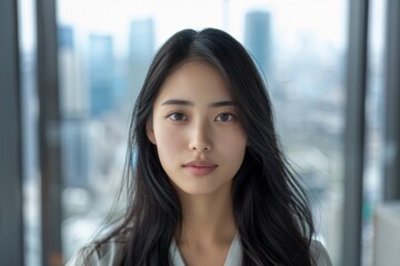 Fototapeta premium Young Asian Woman Standing in Front of City