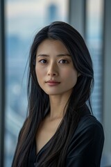 Fototapeta premium Asian Woman in Black Shirt Standing in Front of Window
