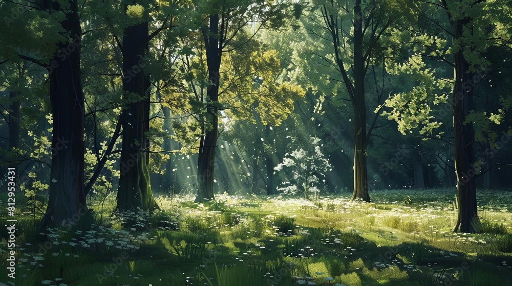 Poster light filtering through a dense forest side view capturing the play of shadows and highlights digita