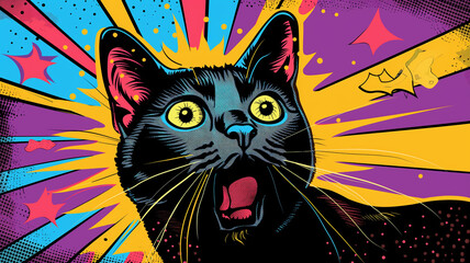 Pop art comic black cat poster. Colorful background in pop art retro comic style.
