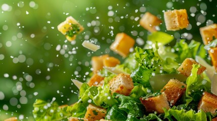 A salad with croutons and lettuce is being tossed in the air