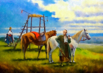 Watercolor paintings landscape, fine art, artwork. Ukrainian Cossack stands by harnessed horses, border checkpoint