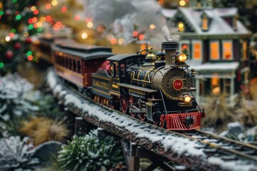 Miniature steam train weaves through a snowdusted christmas village with twinkling lights