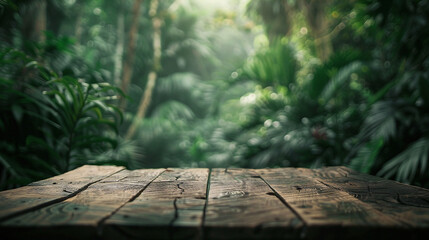Wooden table in a lush green jungle.
