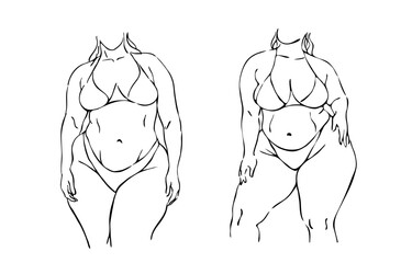 two female body positive  figures plus size curvy models drawing line art   vector illustration